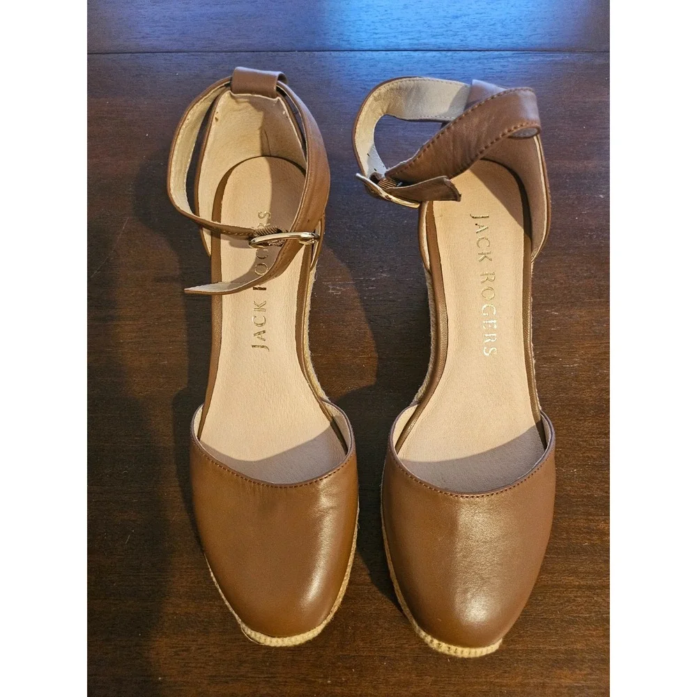 Jack Rogers‎ Palmer Ankle Strap Espadrille Pumps Brown Leather Size 6M NEW